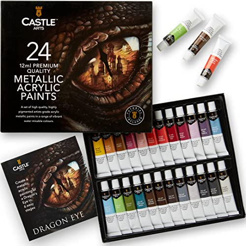 Castle Art Supplies Set Vernici Acriliche Metalliche | 24 Tubetti da 12 ml per Artisti Adulti, Principianti ed Esperti per una Scintillante Qualità a Varie Superfici | Presentato in Cofanetto Solido