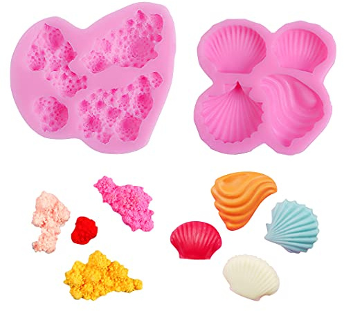 Rolin Roly 2pcs Muschelform Fondant Korallen Silikonform Mini Kuchenform Marine Thema Schimmel DIY Choclate Bonbonform für Kuchen Dekorationen Gelee Zucker Gebäck Anhänger