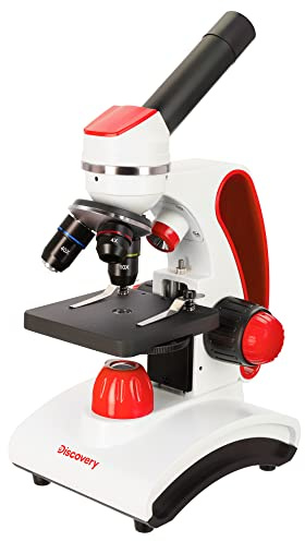 Tragbare Metall Bildungs Mikroskop für Anfänger und Kinder Discovery Terra Gravity mit Buntes Buch in Polnisch, Rot | Ideal für Schule und Studium, mit Doppel-LED-Beleuchtung, Achromatischer Optik, Feinfokussierung und Buch auf Polnisch
