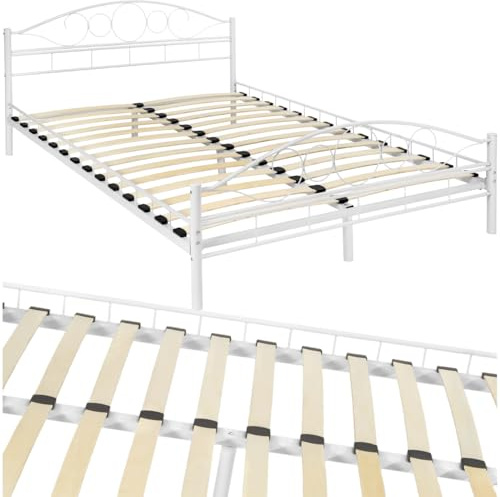tectake® Struttura Letto in Metallo con Rete a Doghe in Legno di Pioppo Inclusa, Design Romantico, Struttura Robusta, Ideale per Arredamento Camera da Letto, 200x140 cm - Bianco/Bianco
