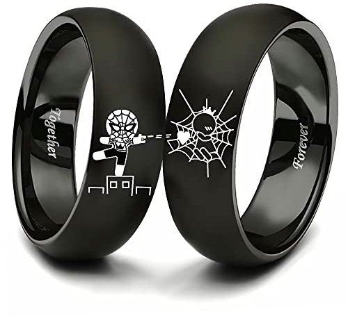 XAHH Coppia di anelli con corona di Spiderman, per lui e lei, catturati dal tuo amore per sempre insieme, anello in acciaio inox, per anniversario, promessa di matrimonio, fede nuziale, 8 UK, Acciaio
