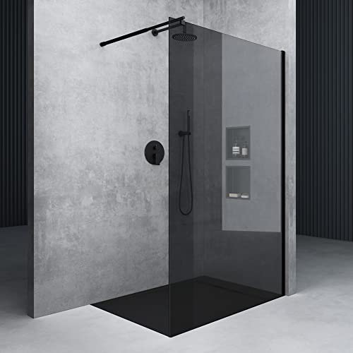 Mai & Mai Box Doccia Walk-In 140x200cm, Parete Doccia in Vetro 8mm Braccio di Sostegno 70-120cm MMBR1 Vetro di Sicurezza ESG con Rivestimento Nano Nero Bremen01VG