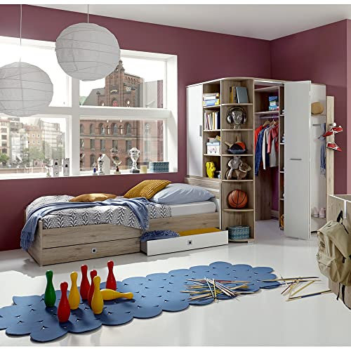 Lomadox Jugendzimmer Teenagerbett mit Bettschubkästen und Eckkleiderschrank, begehbar und beleuchtet in Eiche Nb. mit weiß, B/H/T: ca. 328/201/180 cm
