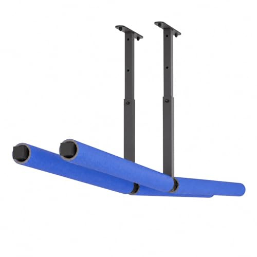 QLS Hängeregal Deckenhalterung 2-seitig aus pulverbeschichtetem Stahl 2 x 80 cm Höhenverstellbar 27–48 cm bis 35 kg je Seite für Kajak Surfbrett Leiter Werkzeuge Sportgeräte Schwarz Blau