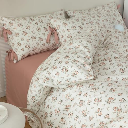 Pink Flower Duvet Cover Set Twin Soft Cotton Peach Floral Comforter Cover Girls Cottagecore Bedding Set Boho Floral Duvet Cover Vintage Country Bedding Flower Botanical Duvet Cover with Zipper Closure