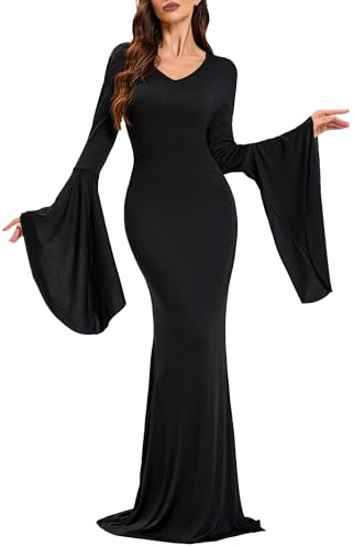 LVCBL Women Gothic Halloween Dresses Long Sleeves Slim Maxi Dress Vampire Witch Costumes Black L