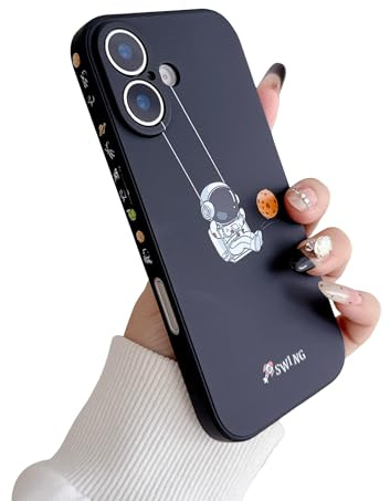 Yonds Queen für iPhone 16 Niedliches Hülle, Cool Cartoon Astronaut Space Planet Swing Design Stilvoll Stoßstange TPU rutschfeste Stoßfeste Schutzhülle (iPhone 16, Schwarz Planet)
