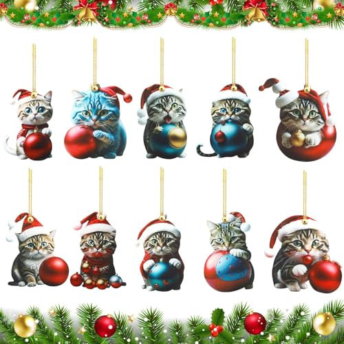 10 Adornos para el árbol de Navidad, Diseño de Gatos 2D, Scrílico, Decoración para el árbol de Navidad, Colgantes de Navidad, Adornos para el Coche, 8 cm