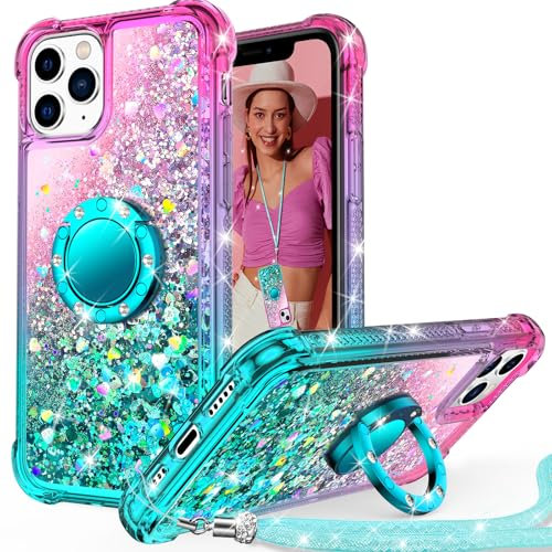 Unlicaku for iPhone 11 Pro Max Case with Stand, Sparkle Glitter Case with Ring and Lanyard, Women Girls Luxury Cute Bling Diamond Protective Phone Cover for iPhone 11 Pro Max, Green