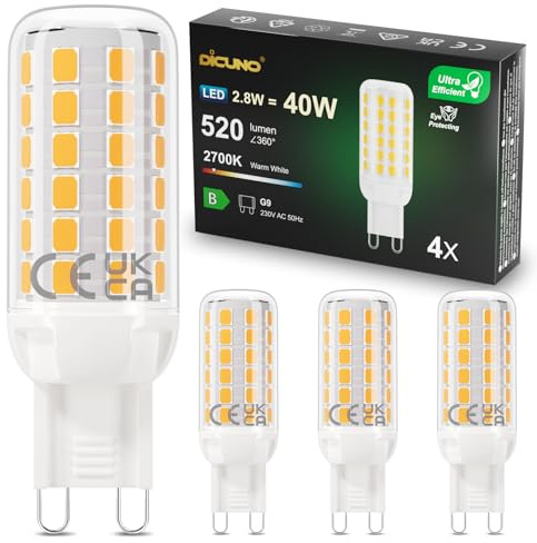 DiCUNO Lampadina LED G9 2,8W, equivalente 40W lampada alogena, 520lm, Bianco caldo 2700K, Classe B, G9 LED Risparmio energetico, Non dimmerabile, per camera, soggiorno e cucina, 4 Pezzi