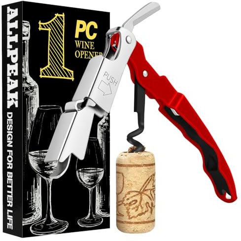 Allpeak Corkscrew Bottle Opener Wine Opener - 1PC Stainless Steel Double Hinged Wine Key with Foil Cutter and Cap Remover, Waiters Friend, Kitchen Tools & Gadgets Barware Waiter Corkscrews - Red