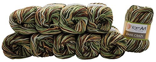 500g Strickwolle Ilkadim Export Jeans Crazy mehrfarbig mit 55% Baumwolle, 10 x 50 Gramm Baumwoll-Strickgarn mit Farbverlauf (grün creme braun 7203)
