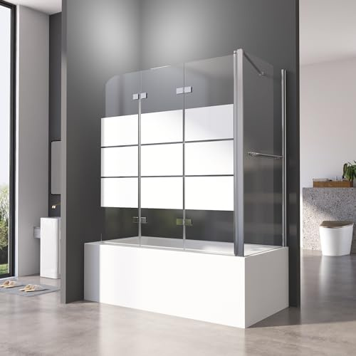 Gestreift Badewannen Duschwand 70 x 120 x 140 cm mit Seitenwand 2-teilig Faltbar,Silber Faltbar Badewannenaufsatz Duschtrennwand Faltwand aus 6mm Nano Glas