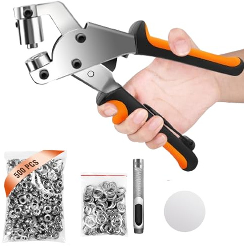 Magnetic Eyelet Punch 3/8 Inch(10MM) whit 500pcs Waterproof Coating Grommets, Eyelet Punch Kit for Punching Hole of PVC Banners, Tarpaulins, Cardboard
