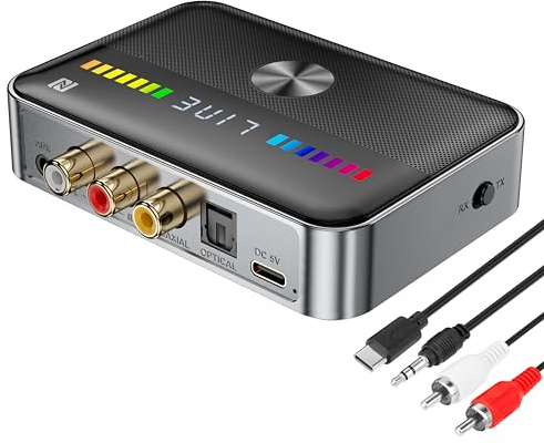 Bluetooth 5.3 Transmitter Receiver 2-in-1 Bluetooth Adapter HiFi Audio Bluetooth Receiver with LED Display and NFC 3.5 mm AUX RCA Optical Coaxial USB for PC/TV/Car