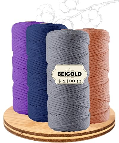 BEIGOLD® Premium makramégarn 3 mm x 100 m – makraméset färgglatt 2 (blå, ros, natur, brun) – bomullsblandningsgarn för knytning av makramégarn – makramégarn set av bomull för konst gör-det-själv
