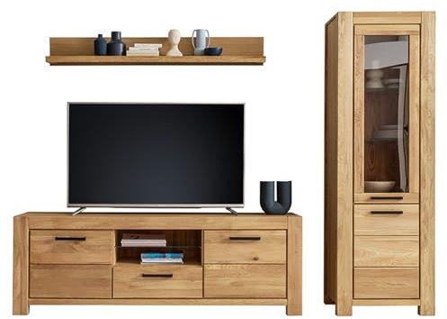 Lomadox Wohnwand Wohnmöbel Set Eiche teilmassiv geölt 3-teilig, 1 Wandboard, 1 Lowboard, 1 Vitrine | Echtholz/Massivholz/Furnier