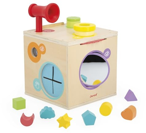 Janod Cubo de Motricidad y Manipulación -Juego de Entrenamiento sensorial - Caja sensorial - Cubo de Actividades - 12 Accesorios - Aprender Formas y Colores - A Partir de 18 Meses