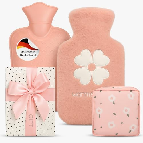 Elegantes Geschenkset Flauschige Wärmflasche 1L mit Kuschelbezug & Bindentasche Frauen, Mädchen & erste Periode Mini-Wärmflasche für Schmerzen, Bauch, Hände & Frostbeulen Wellness Box für Geburtstage