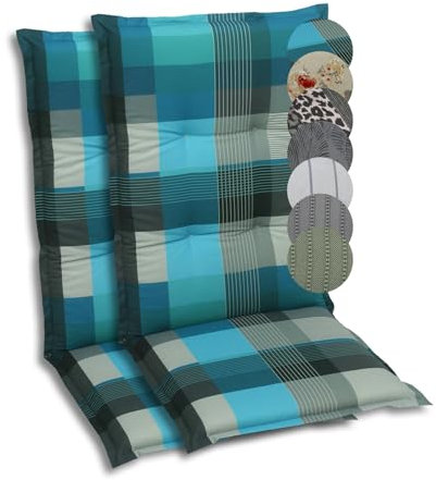 GO-DE Textil Bequeme und attraktive Polsterauflagen für Mittellehner-Gartenstühle (2er-Set, Karo Petrol/Grau, Mittellehner)