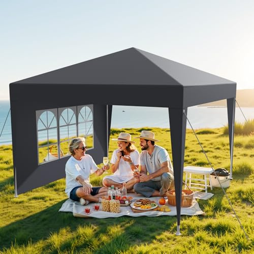 Pavillon 3x9m Wasserdicht, Garten Pavillon PE-Plane Stabil Stecksystem-Metallgestänge, Festzelt für Party-Camping-Markt, Party Zelt, Faltpavillon mit Seitenwänden, Erdhaken, UV-Schutz, Anthrazit