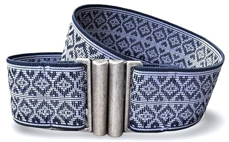 Hartmann-Knöpfe 1 Stück Landhaus Trachten Stretchgürtel 4cm blau grau Muster mit schlichter altsilberfarbener Schnalle