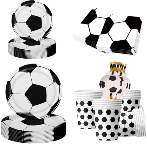 100 Pcs Party Tableware Set, Football Party Plates, Disposable Tableware for 20 Guests, Black White Football with Paper Plates, Cups, Napkins and Straws