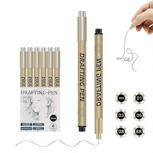Omeblos Black Fineliner Pens, Micro Fineliner Art Drawing Pens, 6Pcs Black Fine Liners 0.2-0.6mm Smooth Writing Waterproof Ink Set, for Artist Anime Gifts Sketch Manga Watercolour Zentangle