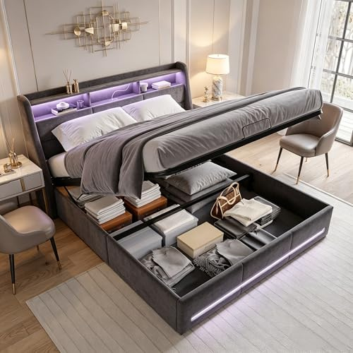 Camas Matrimoniales con usb, Cama con Almacenaje y Cargador 140x190 cama Matrimonio Tapizada con Espacio de Almacenamiento y luces led Marco de CAMAS con Cabecero,Sin Colchon (D Gris Lino, 140x190 cm)