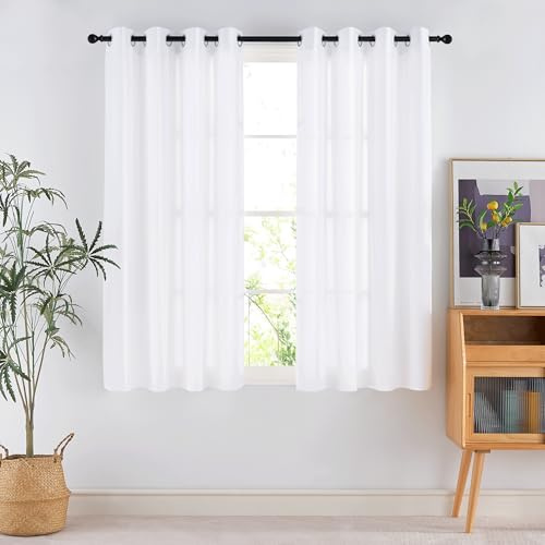 PONY DANCE Gardinen Weiss Halbtransparent 2er Set H 145 x B 140 cm Kurze Vorhänge mit Ösen Wohndekoration Ösenvorhang Wohnzimmer White Curtains for Living Room