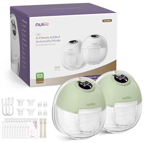 Nuliie Elektrische Milchpumpe, Freisprecheinrichtung, S32, tragbare Milchpumpen, 4 Modi, 9 Stufen, 24 mm bequemer Flansch, privater, Ersatzzubehör enthalten (2 Packungen, Hellgrün)