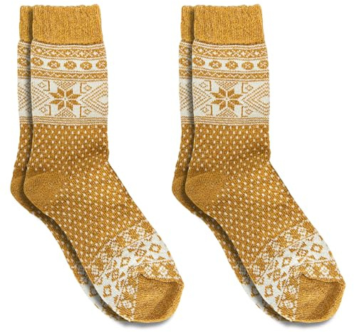 Wonky Line Calzini Lana Merino Alpaca Invernali 2 Paia Donna Uomo Termici Lavori Maglia Stile Nordico Caldi Morbidi Accoglienti Colorati Calze Casa Montagna Trekking - Senape - 43-46