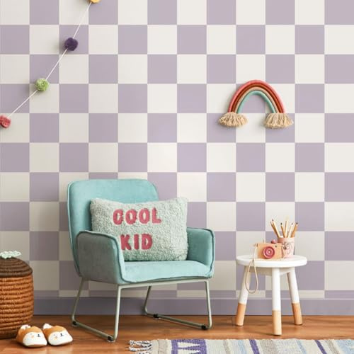 SOPHIE LAURENCE Lilac and White Check Wallpaper – Smooth Flat Finish | Kids’ Bedroom and Playroom Feature Wall Pattern