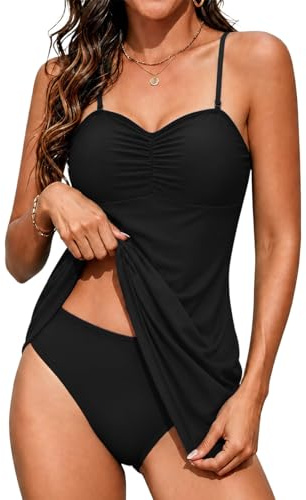 Rayson Trajes de Baño Mujer 2 Piezas Volante Tankini Bañador Plisado Abdominal Top y Bottom Conjunto de Tankini Tirantes Ajustables(Negro,XXL