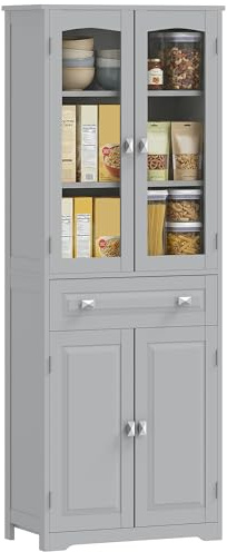 HOMCOM Kitchen Cupboard Cabinet 2 Adjustable Shelves 160cm Grey | Drawer, Glass Door, Freestanding, Living Room, Dining Room