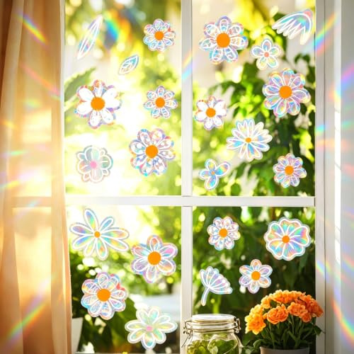 23PCS Daisy Suncatchers Window Stickers | Summer Window Stickers, Anti Collision Flowers Window Clings, Shiny Rainbow Prism for Bird Strikes, Reusable Glass Decals