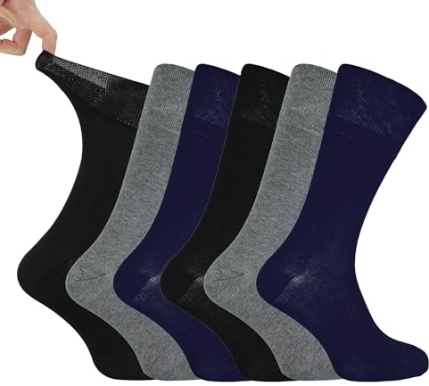 IOMI Footnurse - Mens 6 Pairs Cotton Non Elastic Diabetic Socks With Honeycomb Top (6-11, Black/Navy/Grey)