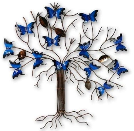 Thai Gifts Handmade Blue Metal Butterfly Tree Wall Art, H45cm x W46cm - Hand-Painted Blue Butterfly Sculpture - Unique Home & Garden Decorations - Ideal for Fences, Patios & Feature Walls