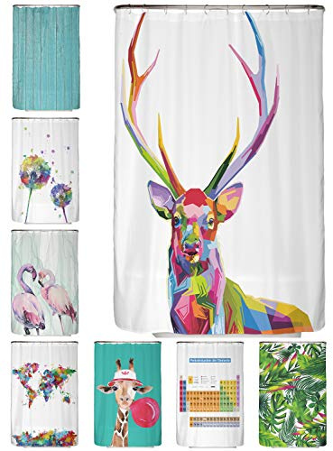 arteneur Anti-Schimmel Duschvorhang 120x200 cm Bunter Hirsch | Textil recycelt, OEKO-TEX 100, 40°C Maschinenwäsche, blickdicht, wasserdicht, beschwerter Saum, mit 8 recycelten Ringen