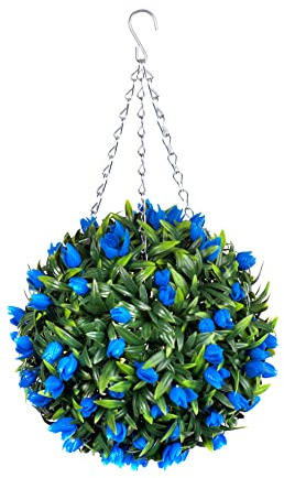 Best Artificial TULIP Flower Ball Lush Long Leaf Topiary Grass (28cm, Blue)