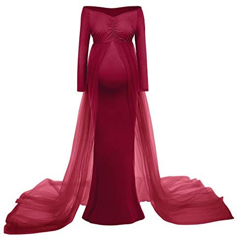 IBTOM CASTLE Robe Grossesse Shooting Photo Sexy Maxi Longue Manche Longue Jupe en Mousseline de Soie pour Photographie Mariage Plage Soireé Wedding Cérémonie Jupes Enceintes Maternité Rouge M