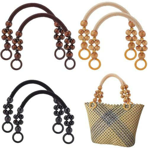 PH PandaHall 6PCS Holzperlen Taschengriffe, 3 Farben Taschenhenkel mit Nylonseil für Handtaschen U-Form Tasche Griff Ersatz für Umhängetasche Strandtasche DIY, 48cm Lang