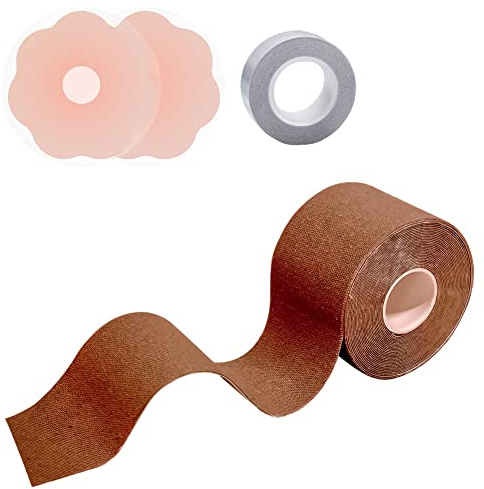 VIEKIER Body Tape Soutien-gorge sans bretelles respirant avec bande adhésive en silicone et 1 rouleau de ruban adhésif pour poitrine large, marron, 115D