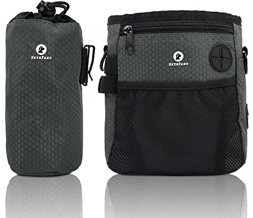 SkyeFang Futterbeutel Hund,2 in 1 Leckerlibeutel für Hunde,mit Wasserflasche Tasche,Abnehmbare Futtertasche mit Kotbeutelspender für Gassigehen & Hundetraining (Schwarzgrün)