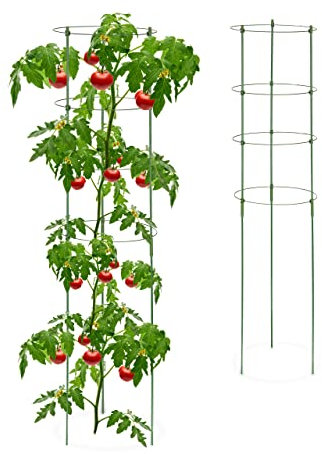 Relaxdays Rankhilfe, 2er Set, Tomatensäule für Garten & Balkon, 120 cm, je 4 Ringe, Pflanzstäbe Eisen & Kunststoff, grün