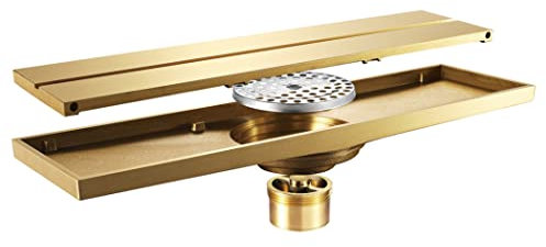 WRIST Desagüe De Ducha Lineal, Desagüe De Ducha De Latón De 12 Pulgadas con Rejilla Extraíble, Desagüe De Piso De Ducha De Baño Rectangular,Brushed Gold