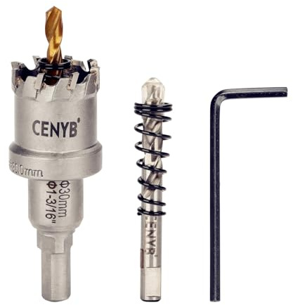 CENYB 1-3/16 Zoll, 30mm Lochsäge Hartmetall-Bohrer mit Wolframkarbidspitzen und 2 Titan-beschichtete Führungsbohrer, geeignet für Hartmetalle und Kunststoffe.