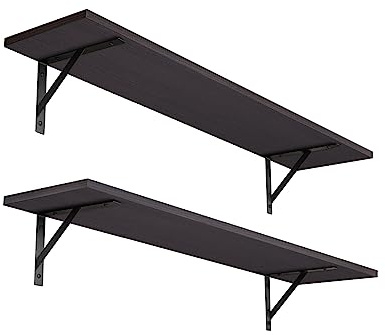 DINZI LVJ Long Wall Shelves, 31.5 Inch Wall Mounted Shelves Set of 2, Easy-to-Install, Wall Storage Ledges with Sturdy Metal Brackets for Living Room, Bathroom, Bedroom, Kitchen, Espresso