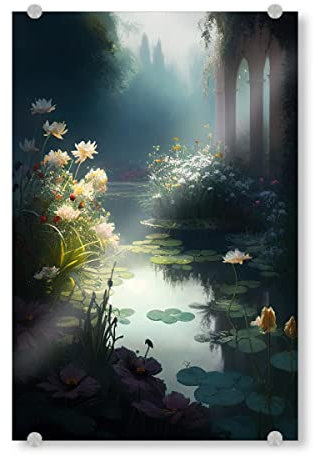 artboxONE Acrylglasbild 60x40 cm Natur Teich im Botanischen Garten Bild hinter Acrylglas - Bild Kunst aquarell Blumen