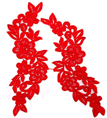 Wambere 1 Paar Spitzenapplikation Blumenstickerei Patch,Blumen Spitze Nähen Applikation Kragen Applikation DIY Handwerk Ausschnitt Nähen Stickerei Patches Zubehör für Cheongsam Kleidung Kleid,Rot